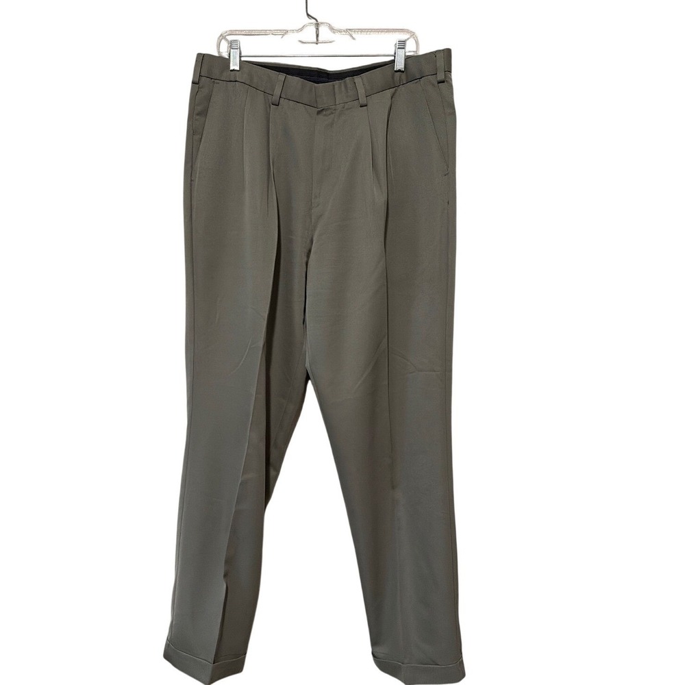 Dockers Golf Mens Pleated Cuffed Microfiber Dress Pants Olive Green 36x34